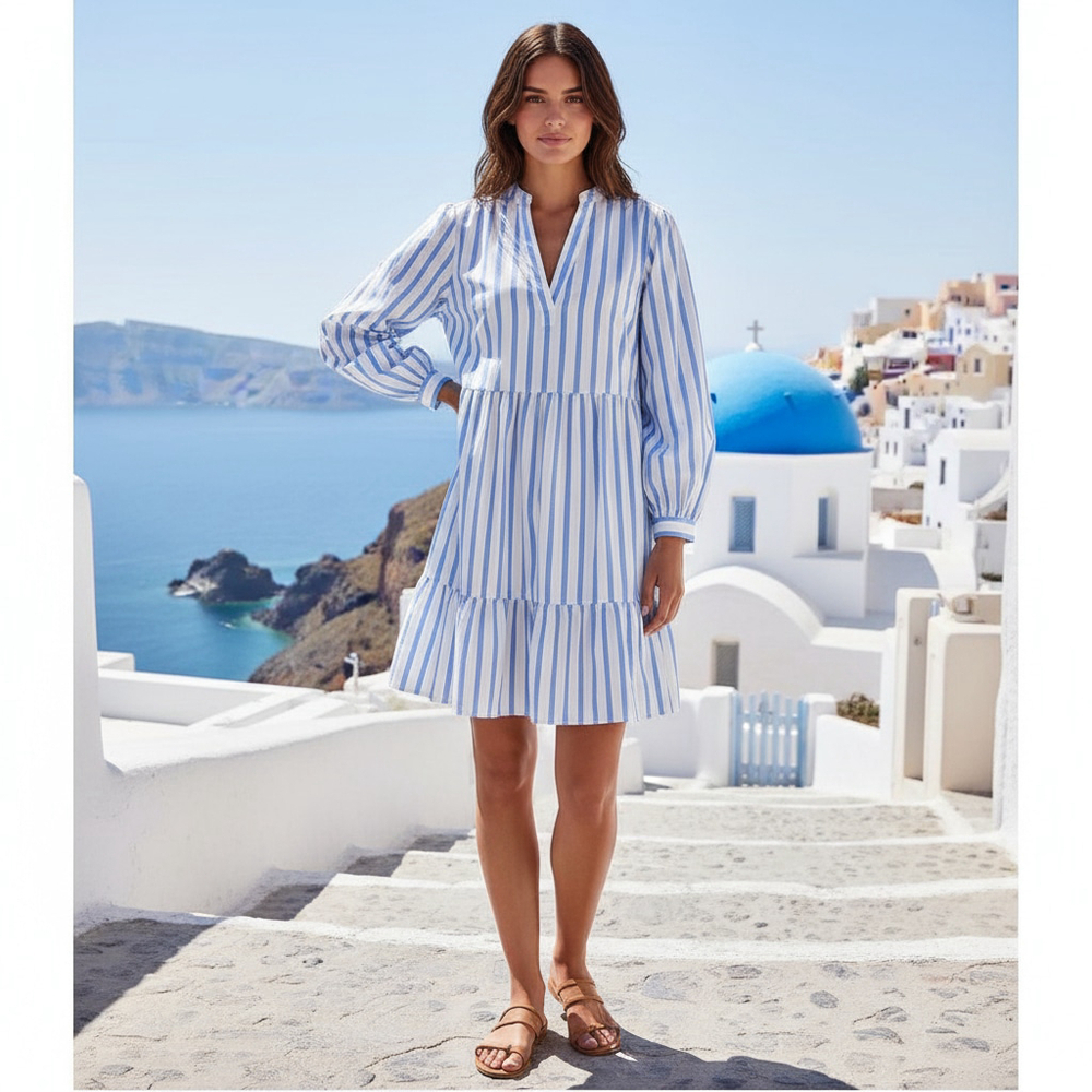 J.CREW Tiered Organic Cotton Poplin Long Sleeve Mini Dress Blue Barrie Stripe XS